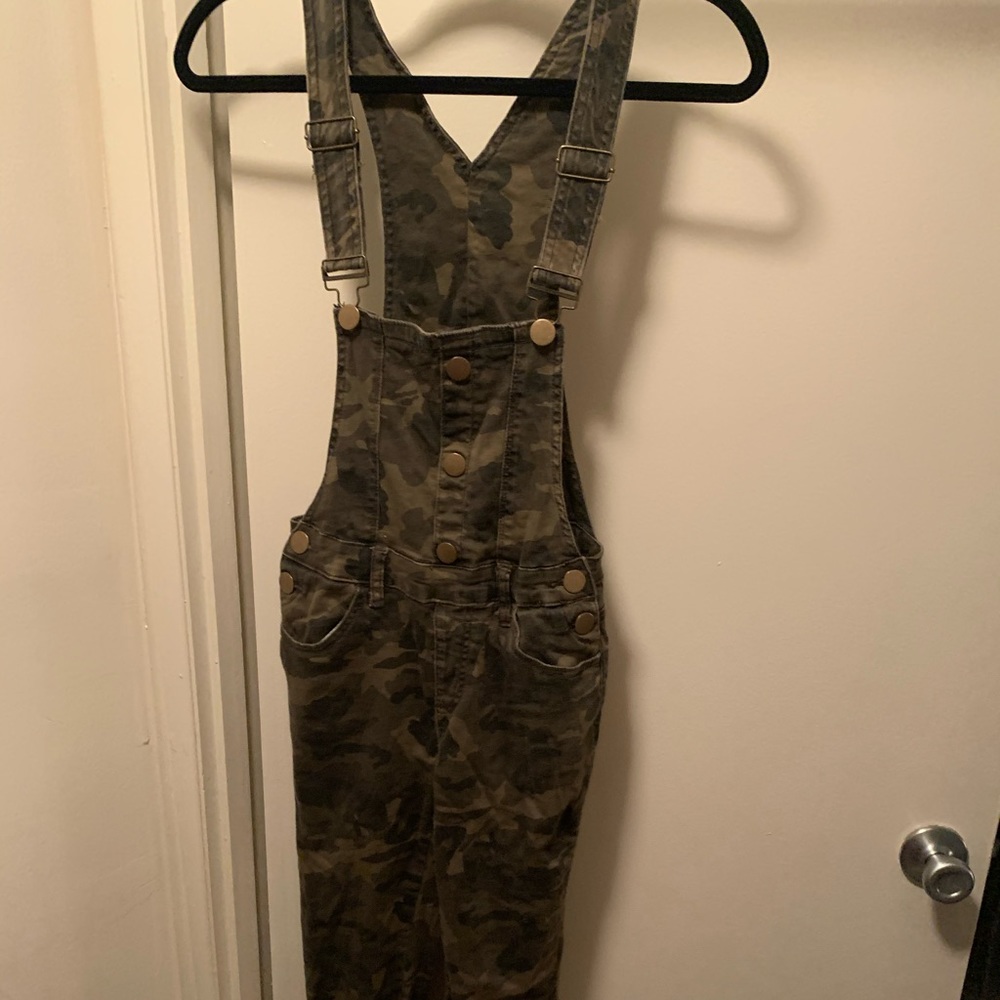 navy print denim overalls